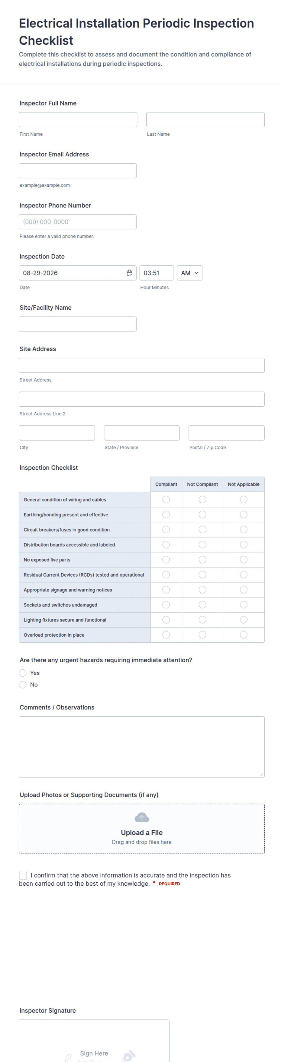 Electrical Installation Periodic Inspection Checklist Form Template ...