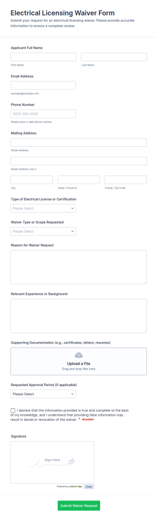 Electrical Licensing Waiver Form Template
