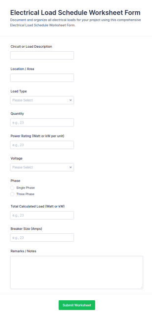 Electrical Load Schedule Worksheet Form Template
