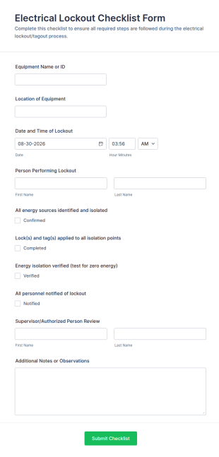 Electrical Lockout Checklist Form Template