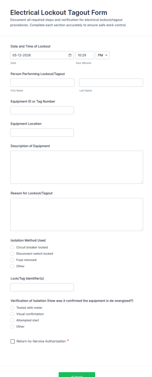 Electrical Lockout Tagout Form Template