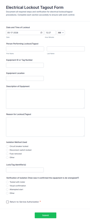 Electrical Lockout Tagout Form Template