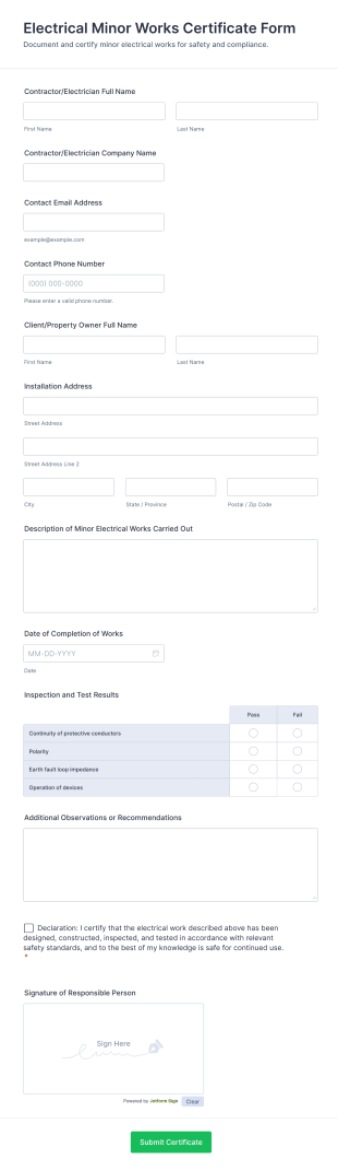 Electrical Minor Works Certificate Form Template