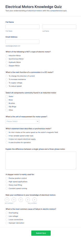 Electrical Motors Knowledge Quiz Form Template