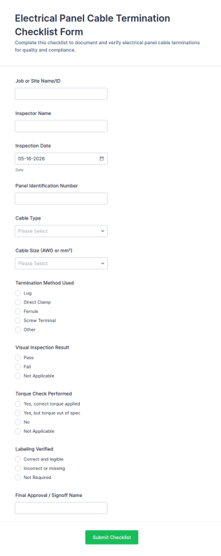 Electrical Panel Cable Termination Checklist Form Template