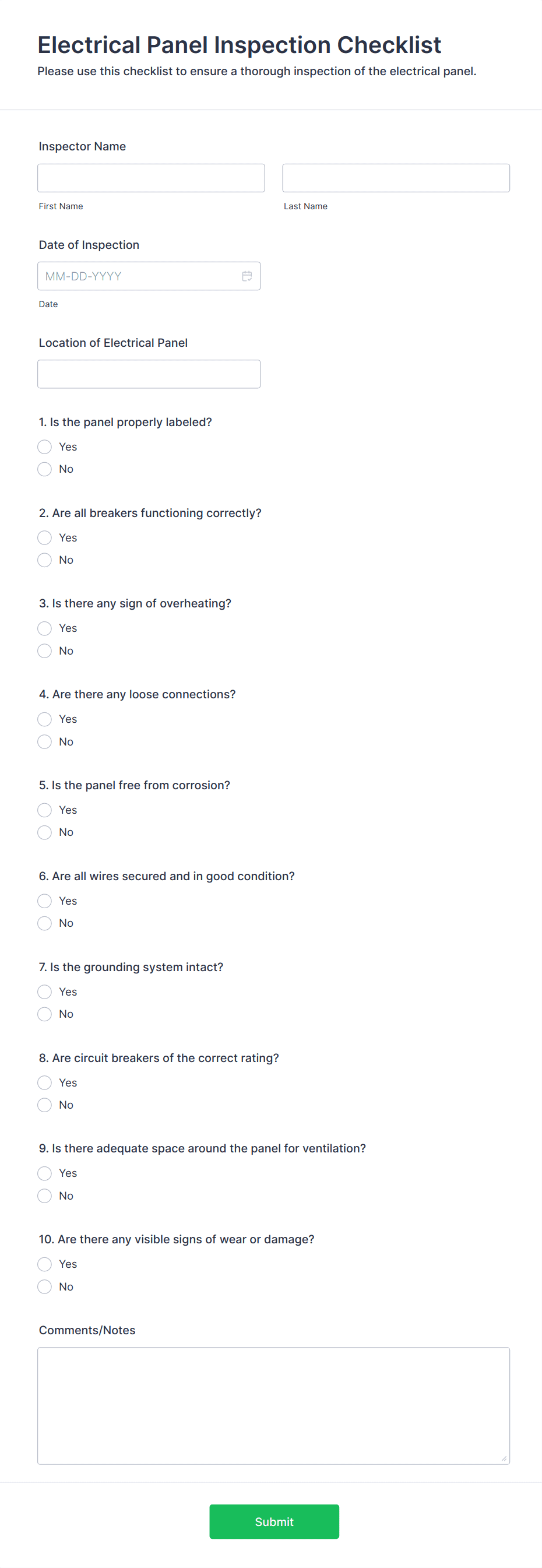 Electrical Inspection Checklist Inspection Checklist