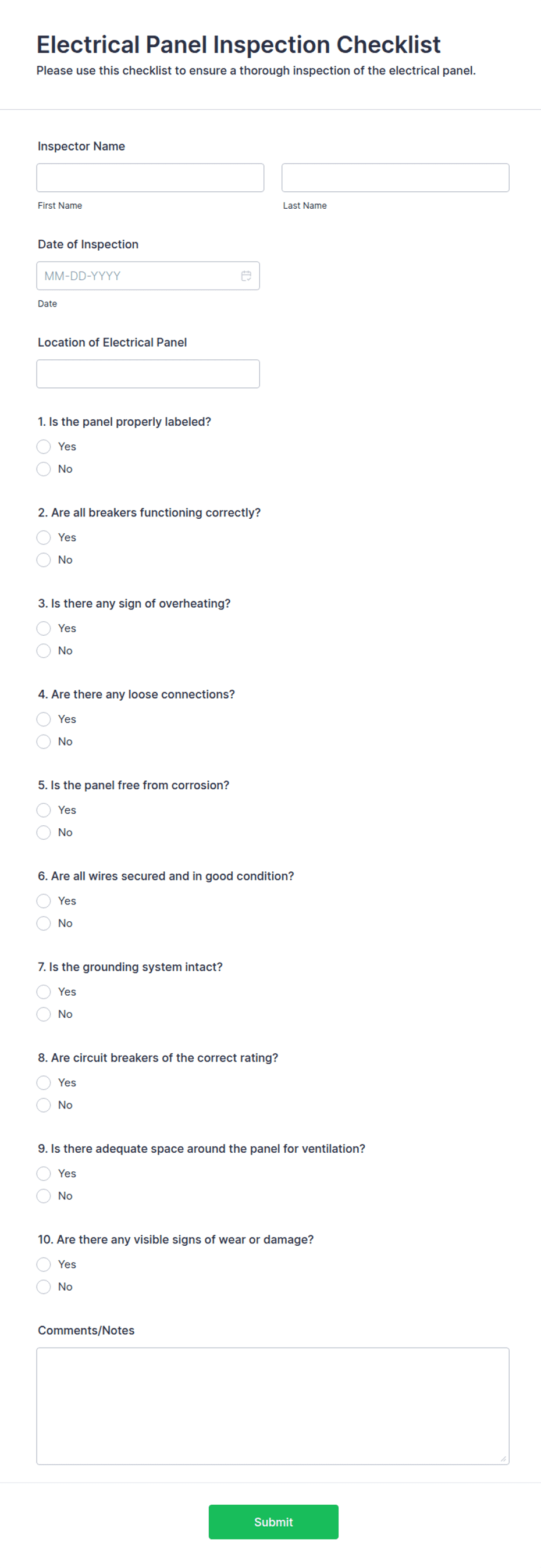Panel Building Checklist Electrical Panel Inspection Checklist Form Template | Jotform