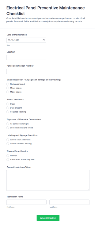 Electrical Panel Preventive Maintenance Checklist Form Template