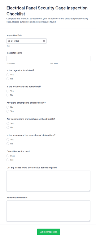 Electrical Panel Security Cage Inspection Form Template