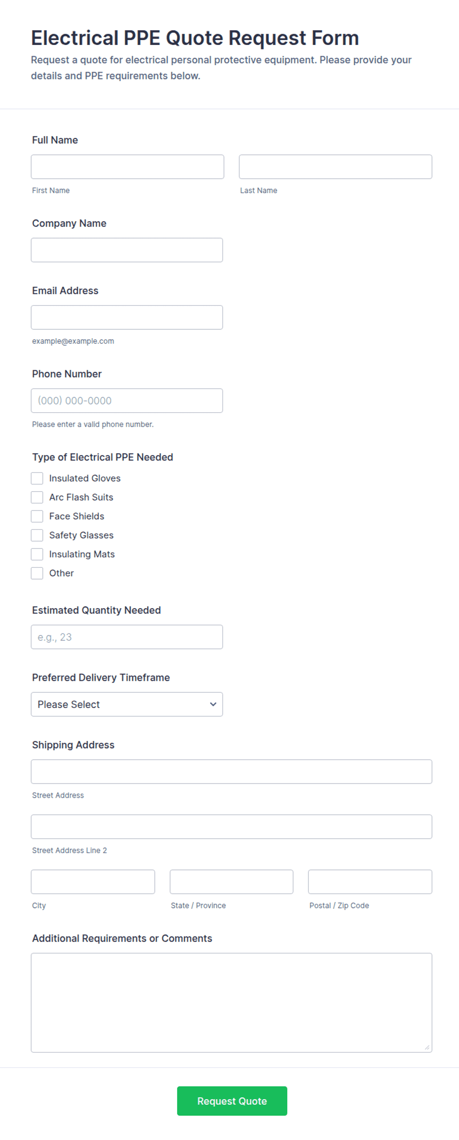 Electrical PPE Quote Request Form Template | Jotform