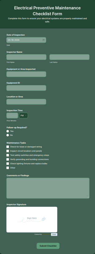 Electrical Preventive Maintenance Checklist Form Template