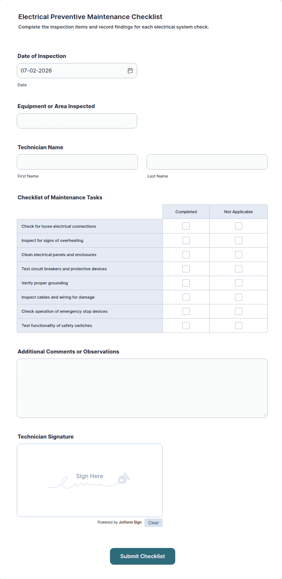 Electrical Preventive Maintenance Checklist Form Template | Jotform
