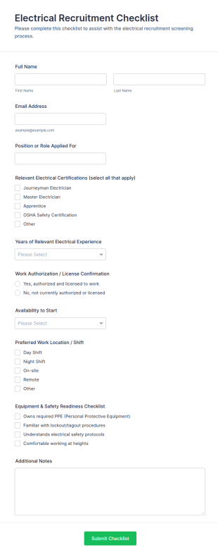 Electrical Recruitment Checklist Form Template