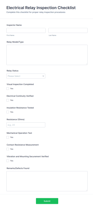 Electrical Relay Inspection Checklist Form Template