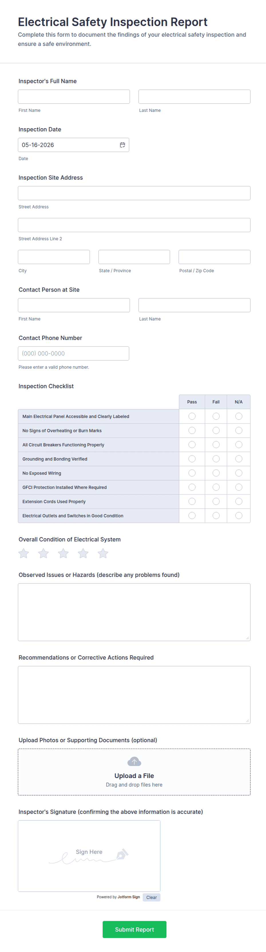 Electrical Safety Inspection Report Form Template | Jotform