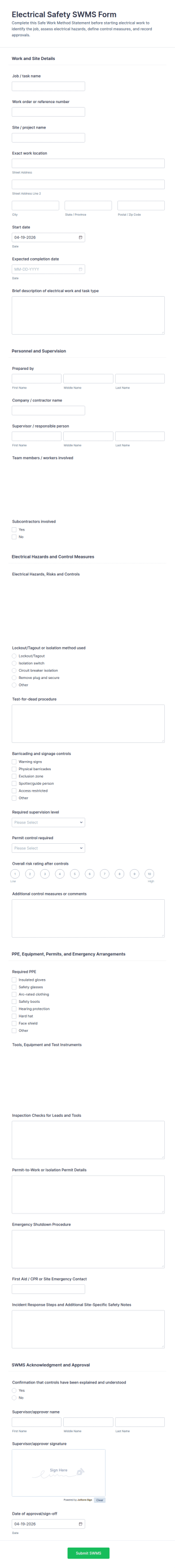 Electrical Safety SWMS Form Template