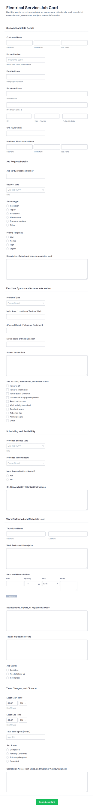 Electrical Service Job Card Form Template
