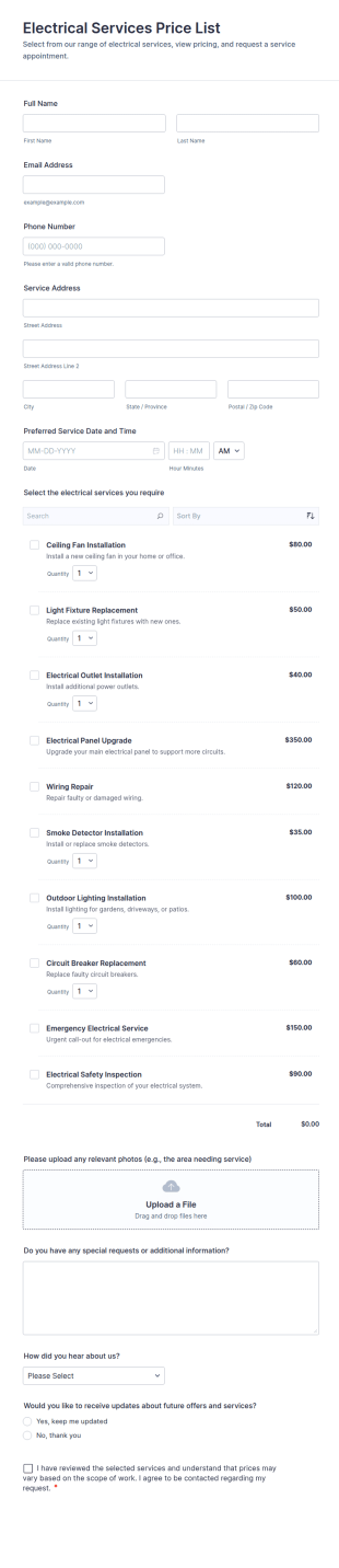 Electrical Services Price List Form Template