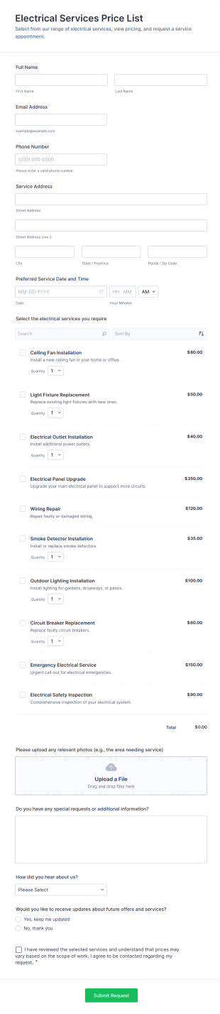 Electrical Services Price List Form Template