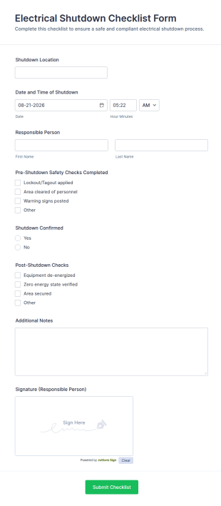 Electrical Shutdown Checklist Form Template