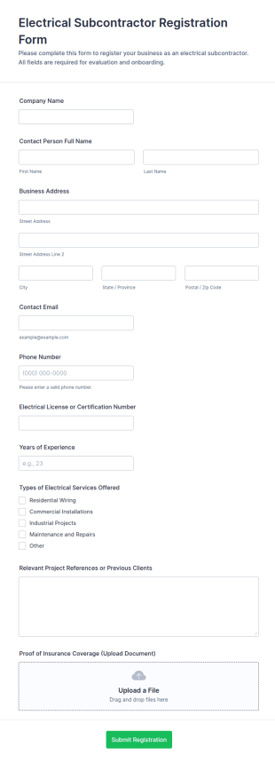 Electrical Subcontractor Registration Form Template