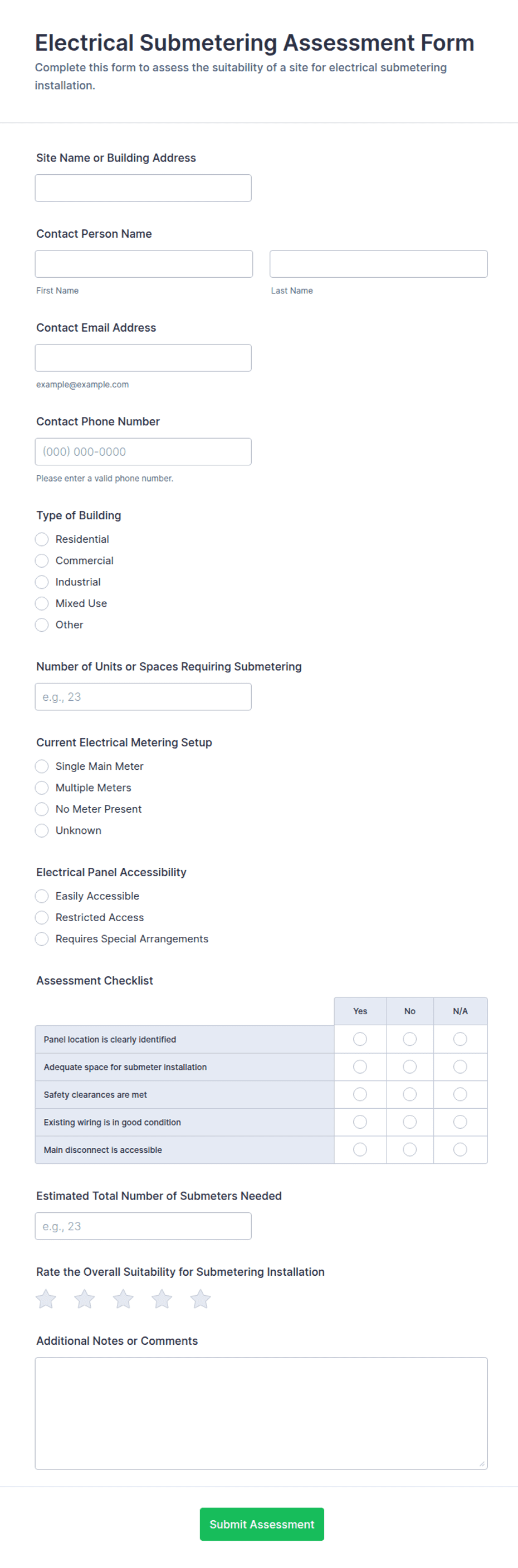 Electrical Submetering Assessment Form Template | Jotform