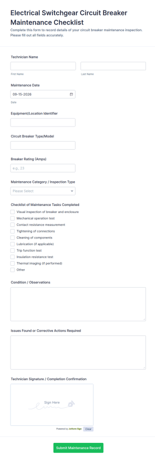 Electrical Switchgear Circuit Breaker Maintenance Checklist Form Template