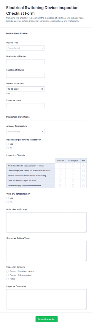 Electrical Switching Device Inspection Checklist Form Template