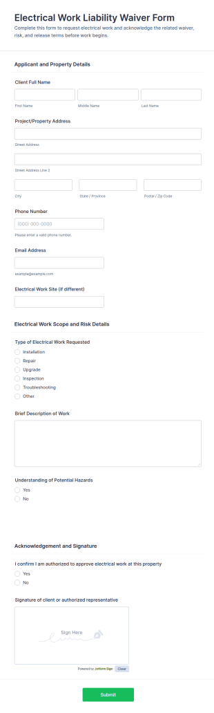 Electrical Work Liability Waiver Form Template