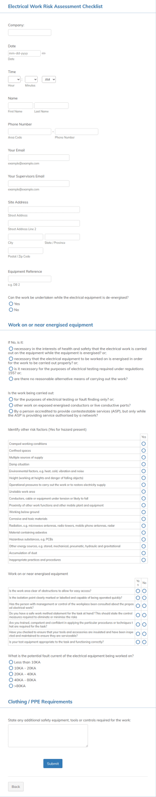 Electrical Work Risk Assessment Checklist Form Template