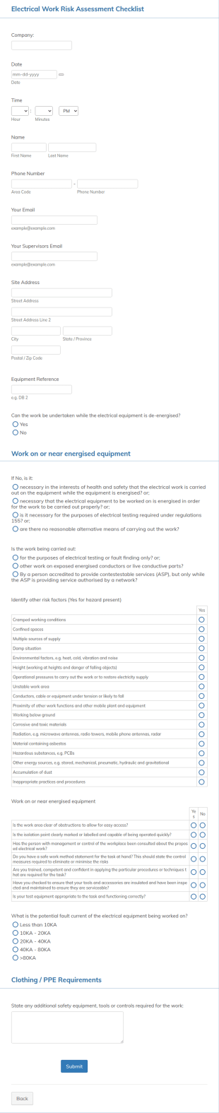 Electrical Work Risk Assessment Checklist Form Template