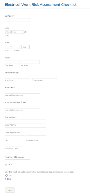 Electrical Work Risk Assessment Checklist Form Template