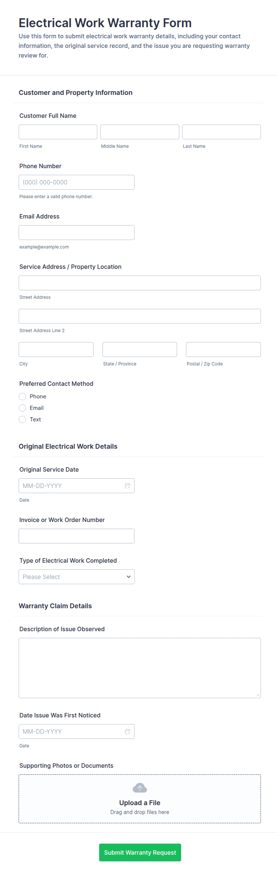 Electrical Work Warranty Form Template | Jotform
