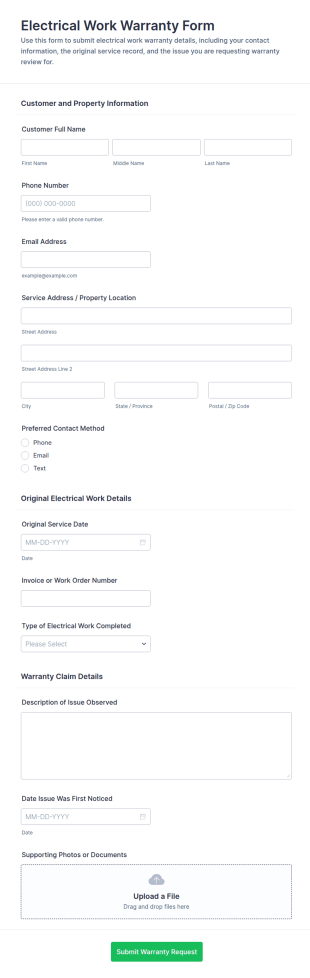 Electrical Work Warranty Form Template