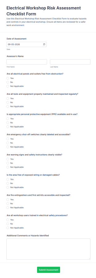 Electrical Workshop Risk Assessment Form Template