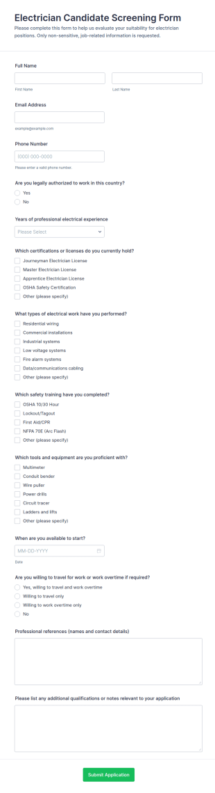 Electrician Candidate Screening Form Template