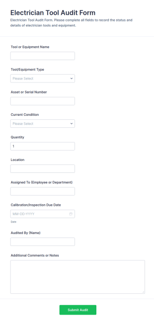 Electrician Tool Audit Form Template