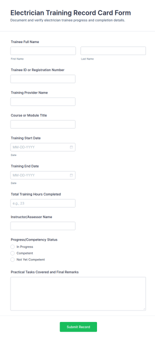 Electrician Training Record Card Form Template