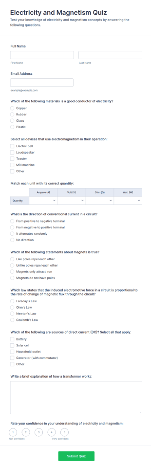Electricity And Magnetism Quiz Form Template