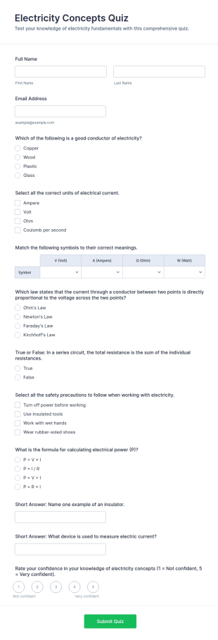Electricity Concepts Quiz Form Template
