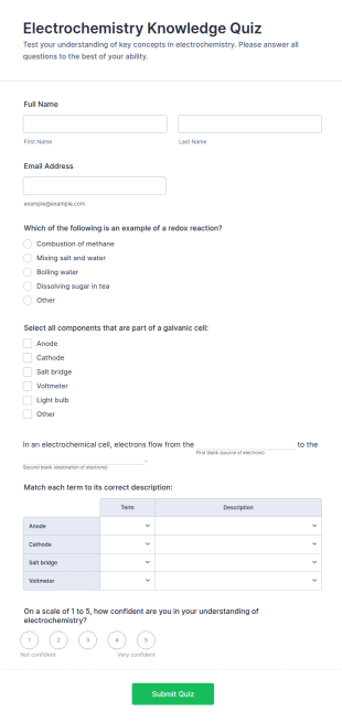 Electrochemistry Knowledge Quiz Form Template