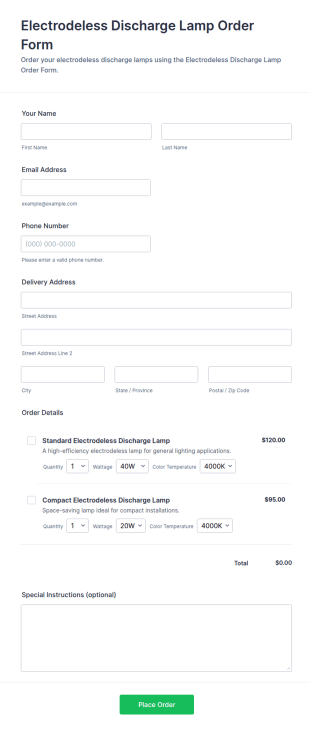 Electrodeless Discharge Lamp Order Form Template