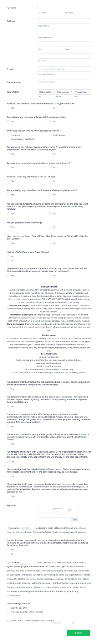 Electrolysis Questionnaire Form Template