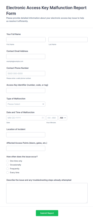 Electronic Access Key Malfunction Report Form Template