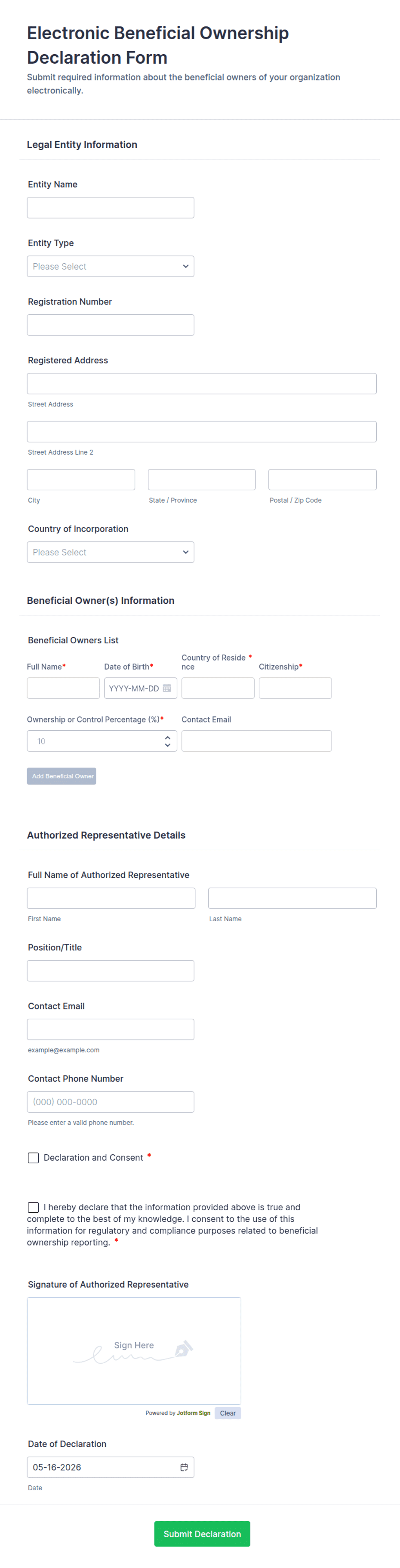 Electronic Beneficial Ownership Declaration Form Template | Jotform