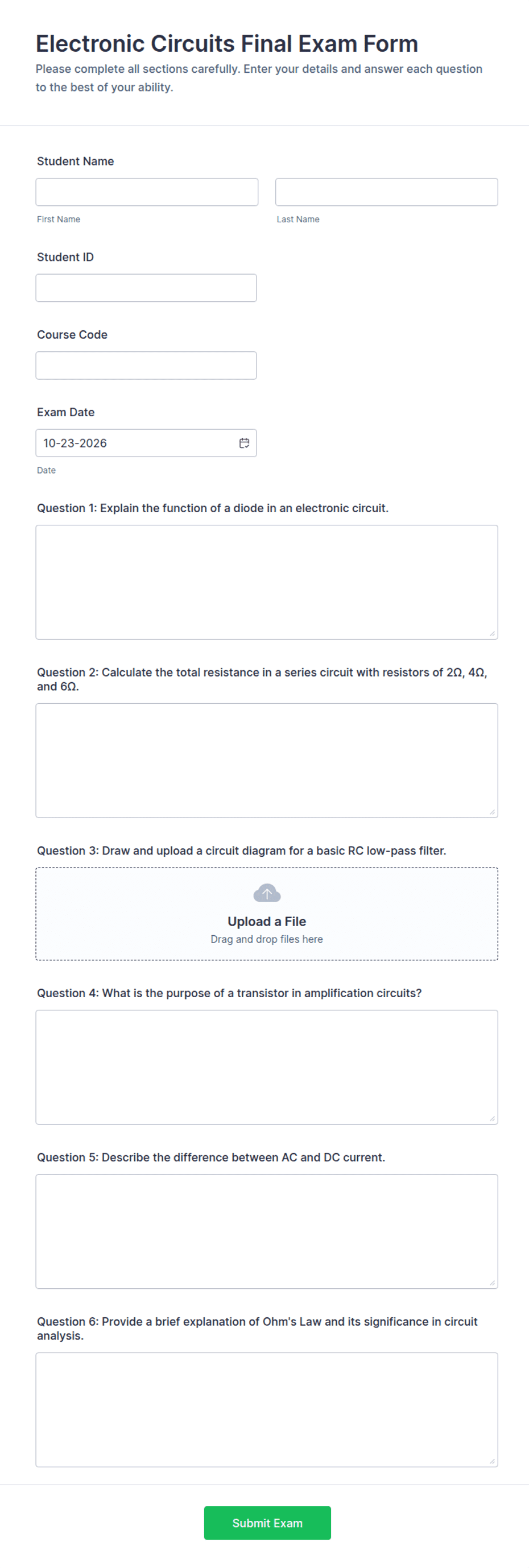 Electronic Circuits Final Exam Form Template | Jotform