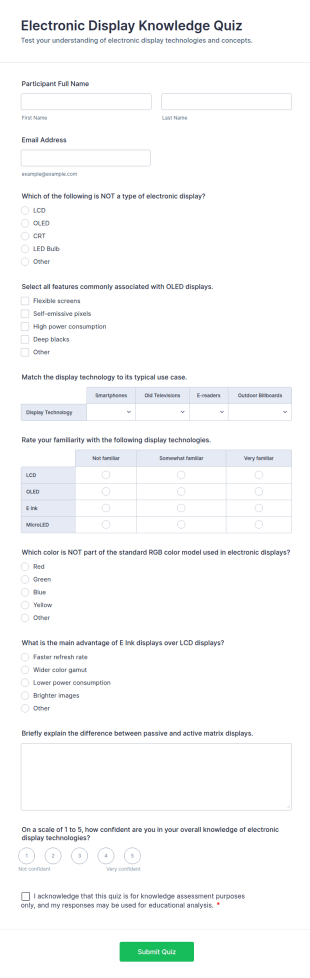 Electronic Display Knowledge Quiz Form Template