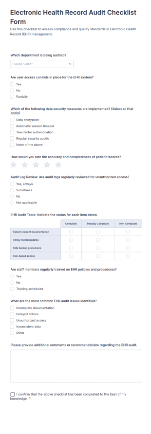 Electronic Health Record Audit Checklist Form Template