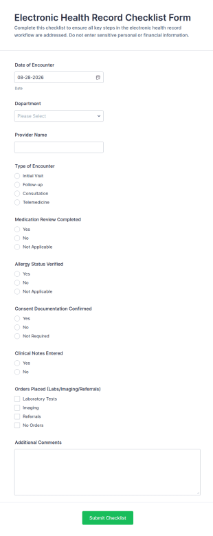 Electronic Health Record Checklist Form Template