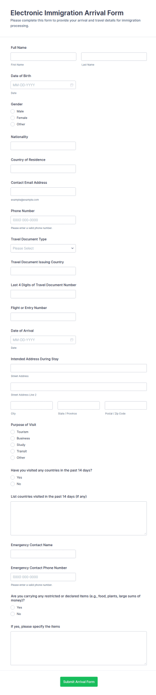 Electronic Immigration Arrival Form Template